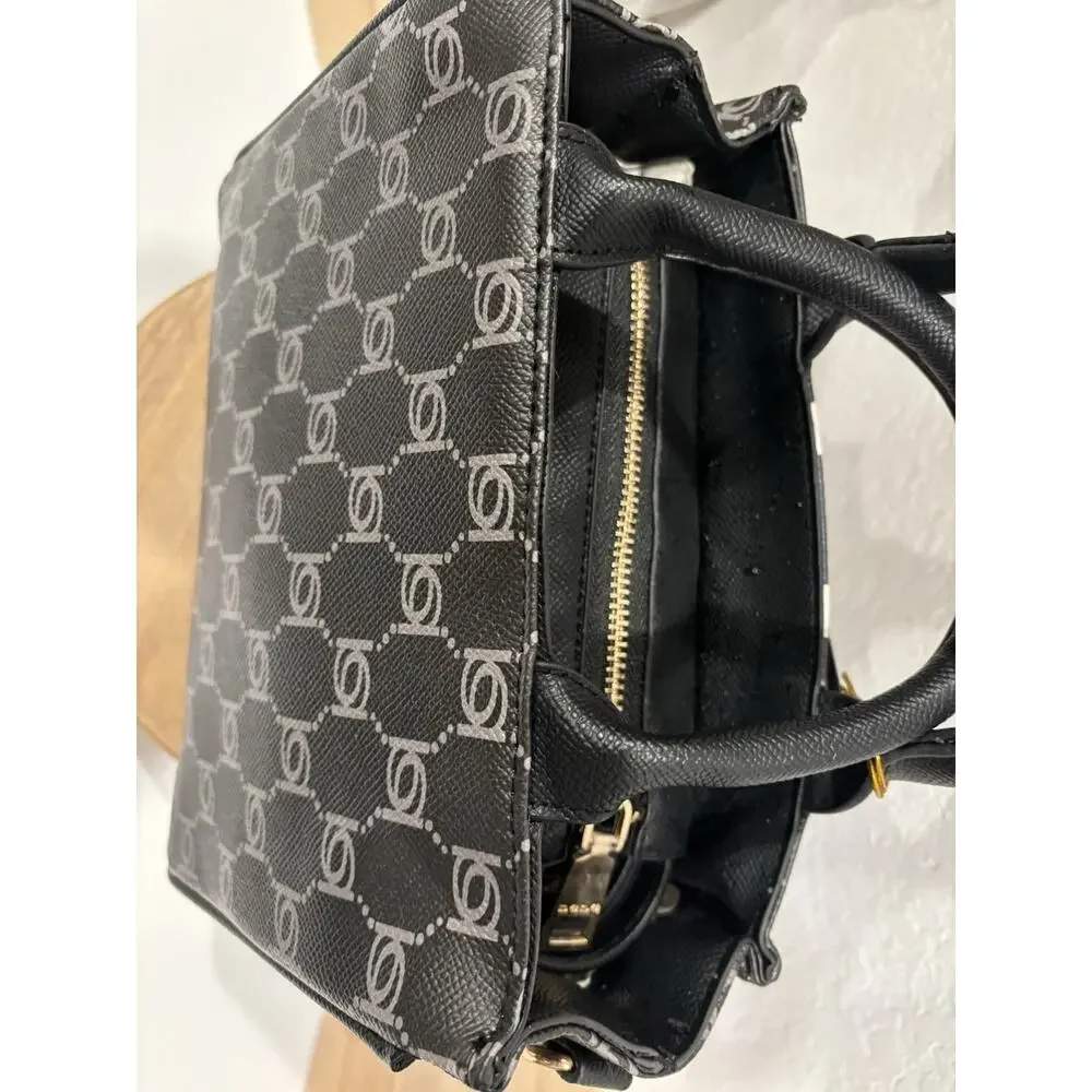 bebe Black White Monogram Logo Small Satchel Top Handle Zip Detachable Strap
